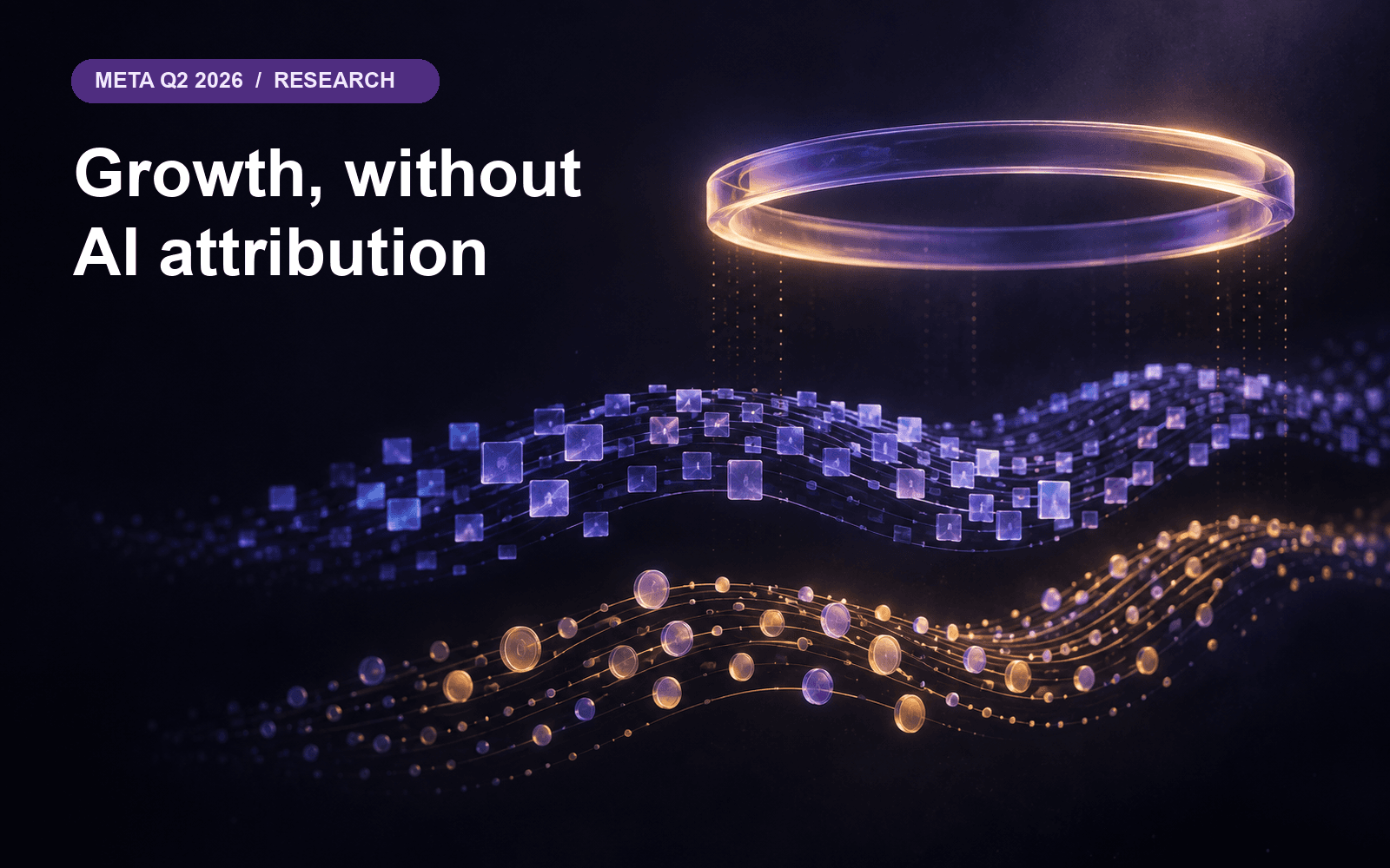 Abstract indigo and amber data flows beneath a separate luminous ring; the editorial illustration does not assign revenue growth to an AI product.