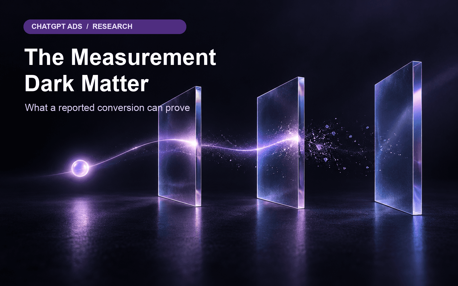 Abstract violet signal crosses two glass measurement planes, then breaks before a third plane; the unresolved gap represents missing verification.